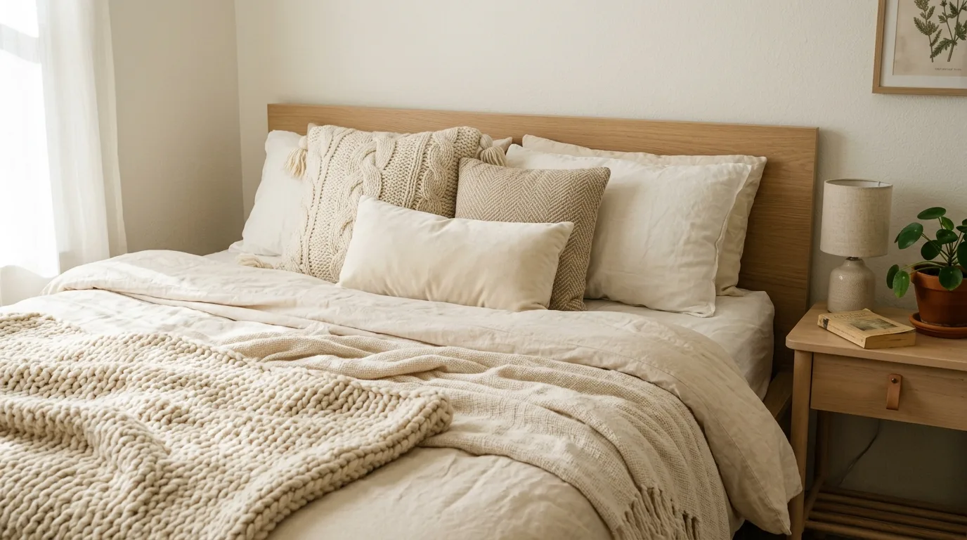 Layer the bed with tactile neutral textiles inspiration for a neutral bedroom.